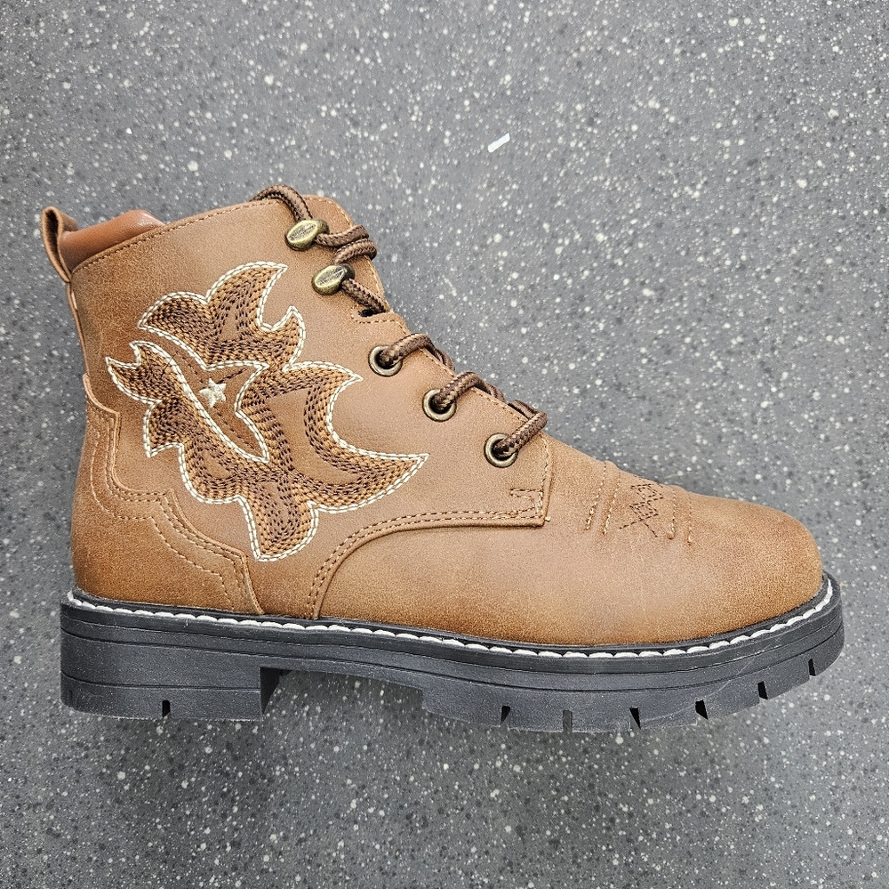 Dream Pairs Girls Tan Western Combat Boots - Embroidered Ankle Boot